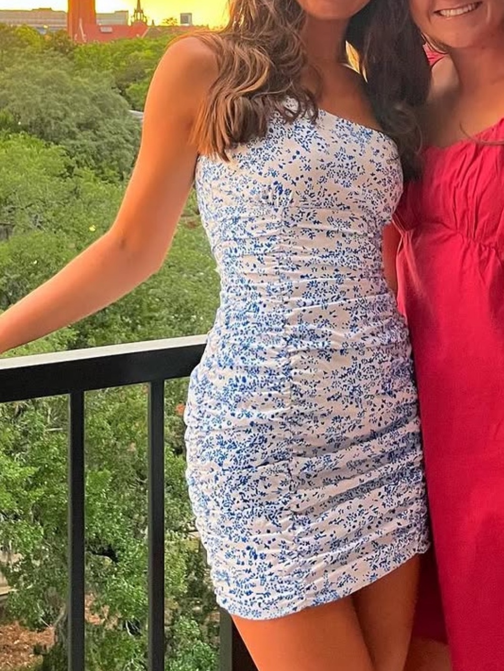 White & Blue Floral Ruched Mini Dress - Women's Summer Dress